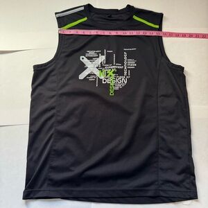 Black Sleeveless Graphic Tee with Green Accents